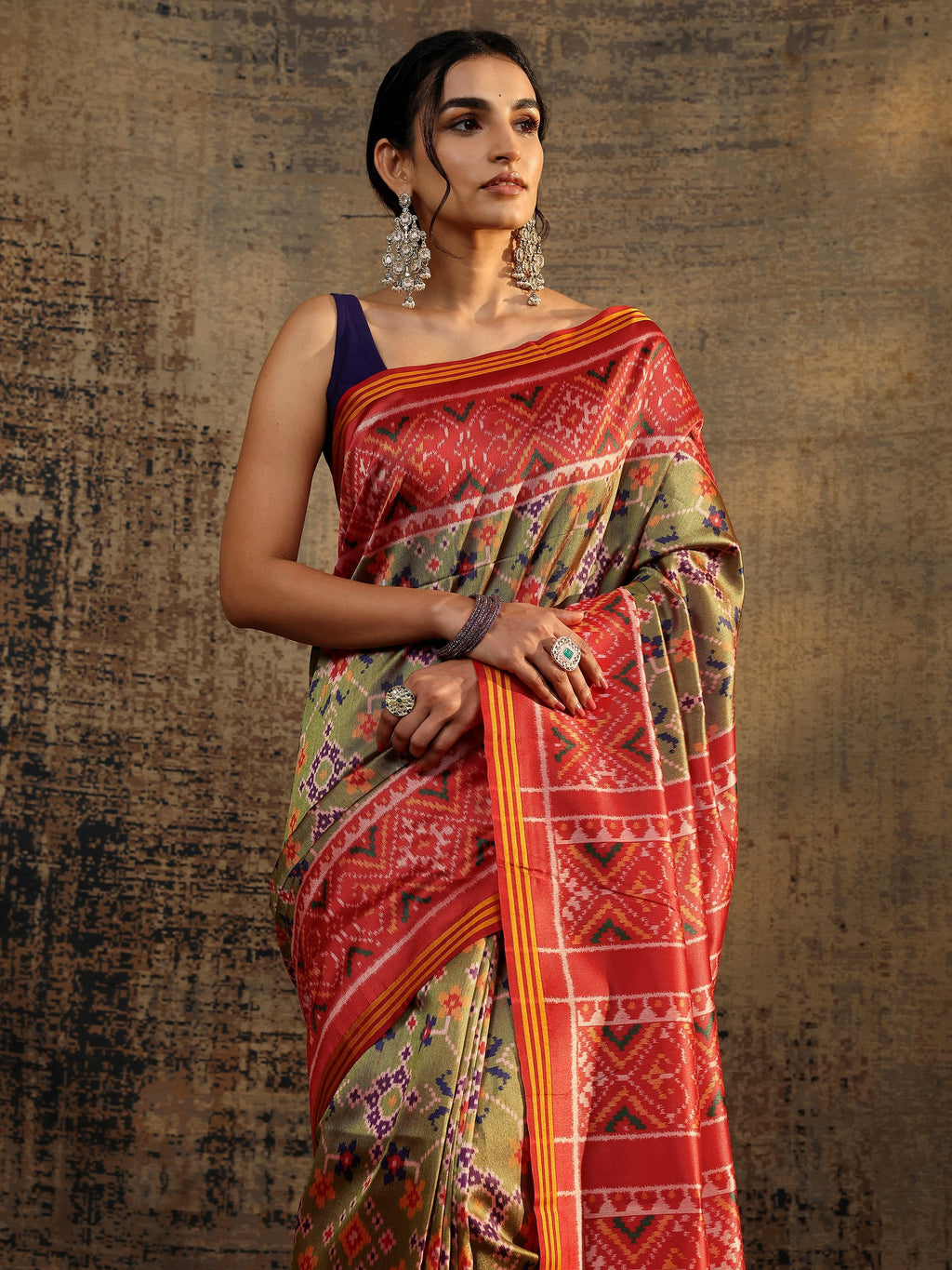 Libas Green Printed Silk Saree With Unstitched Blouse Piece