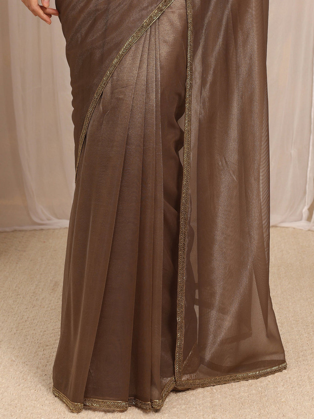 Libas Brown Woven Design Net Saree With Unstitched Blouse Piece S45