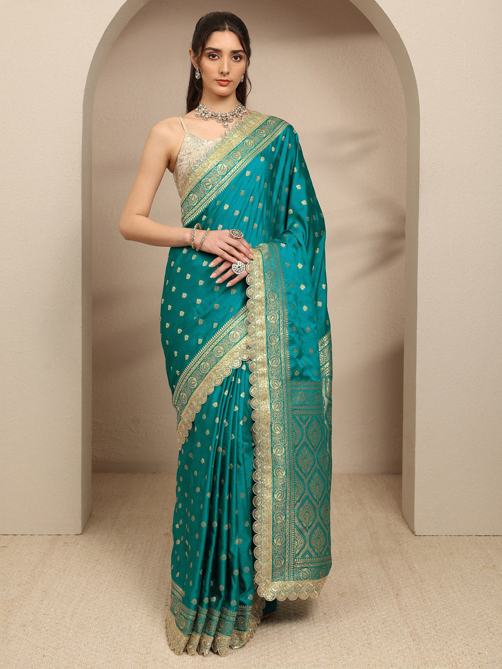 Libas Green Ethnic Motifs Woven Design Silk Blend Saree With Unstitched Blouse Piece