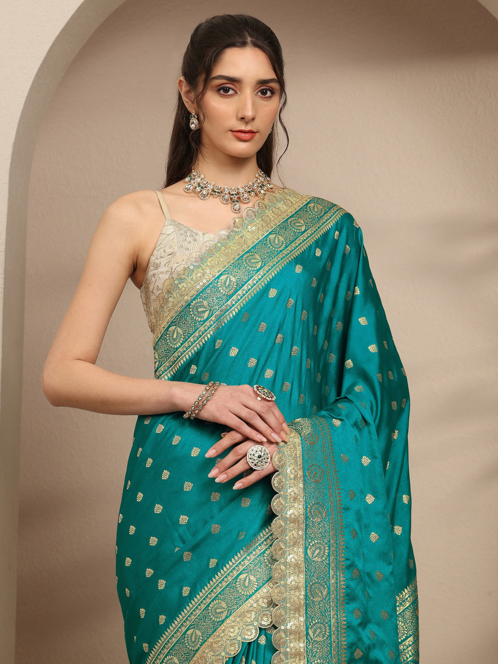Libas Green Ethnic Motifs Woven Design Silk Blend Saree With Unstitched Blouse Piece