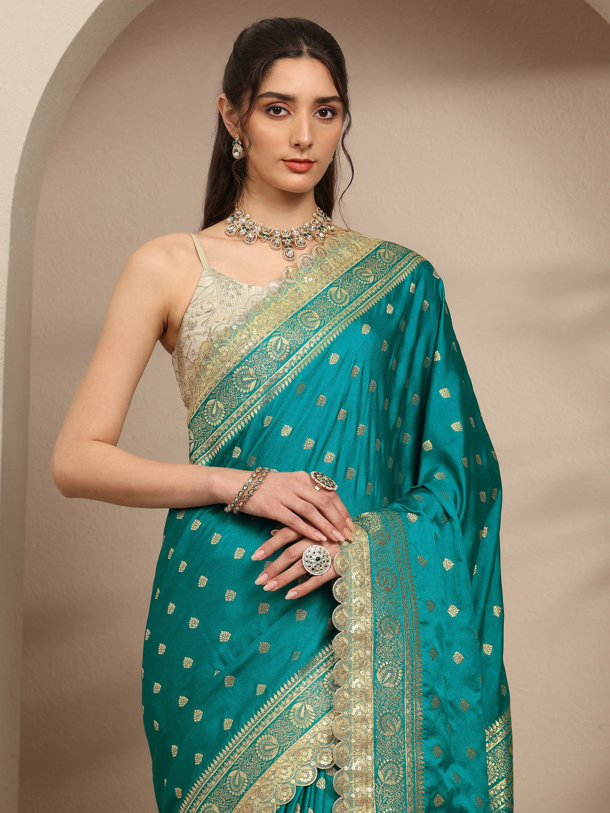 Libas Green Ethnic Motifs Woven Design Silk Blend Saree With Unstitched Blouse Piece