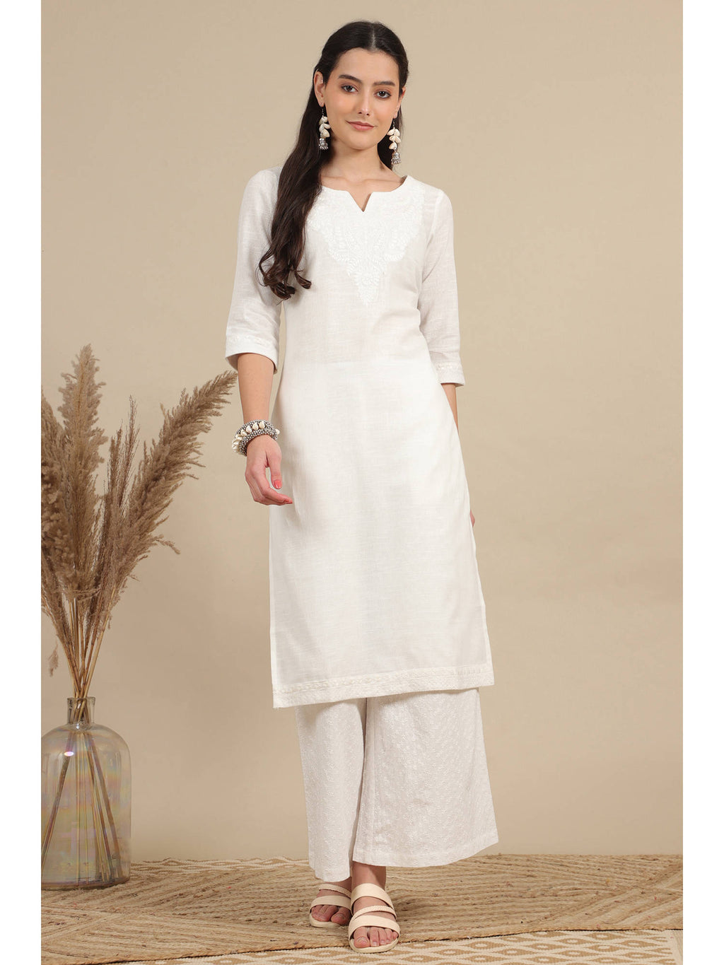 White Thread Embroidered Pure Cotton Straight Kurta | KDG - view 1