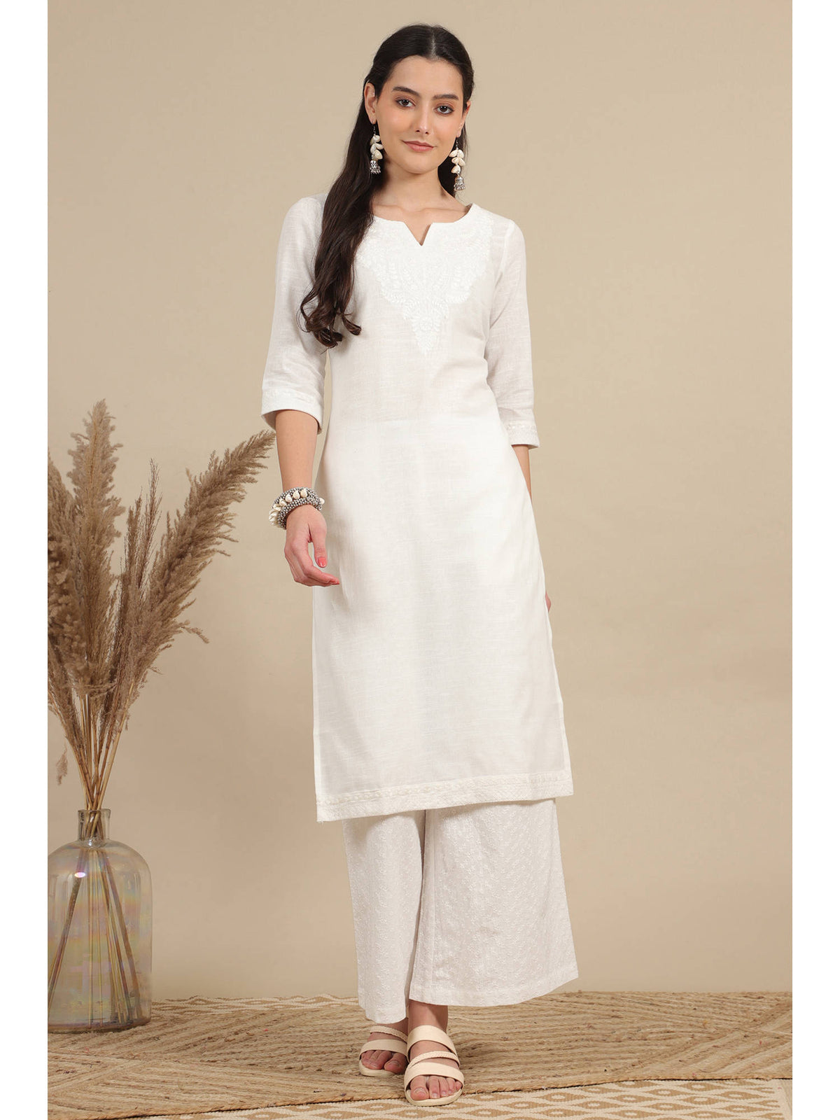 White Thread Embroidered Pure Cotton Straight Kurta | KDG - view 1