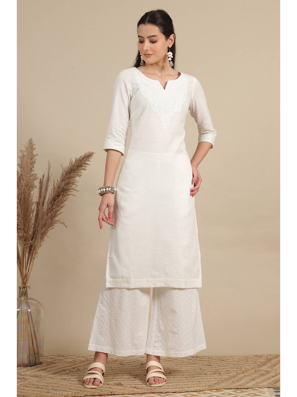 White Thread Embroidered Pure Cotton Straight Kurta | KDG - view 2