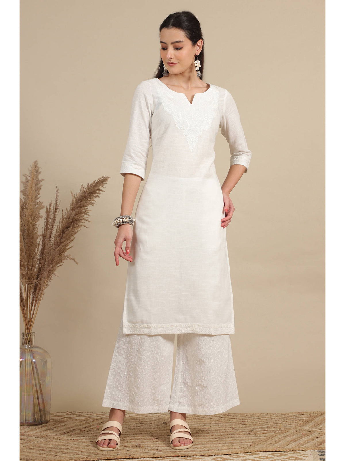 White Thread Embroidered Pure Cotton Straight Kurta | KDG - view 2
