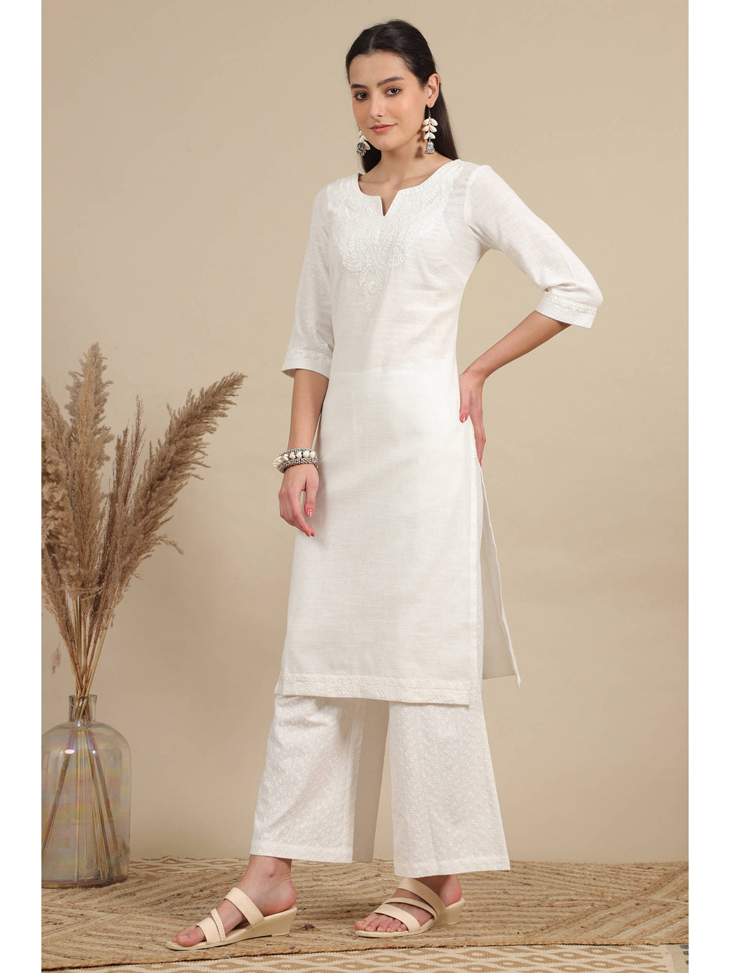 White Thread Embroidered Pure Cotton Straight Kurta | FY93 - view 4