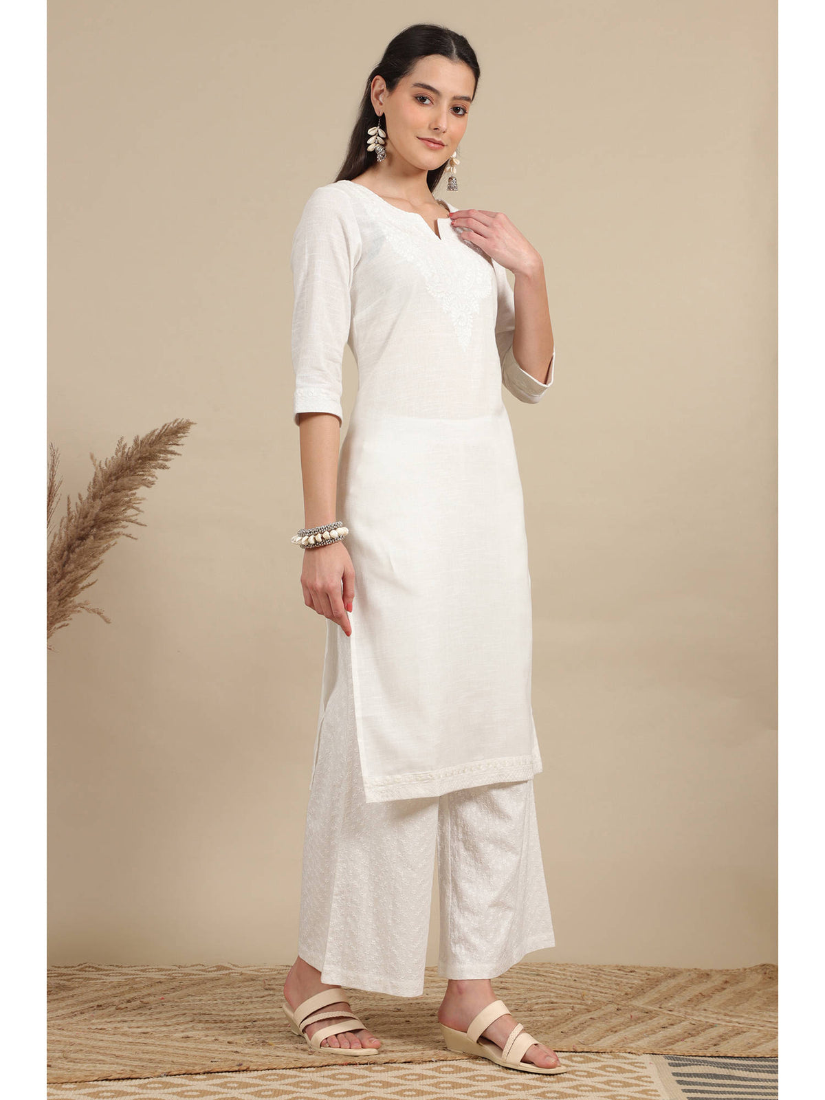 White Thread Embroidered Pure Cotton Straight Kurta | FY93 - view 6
