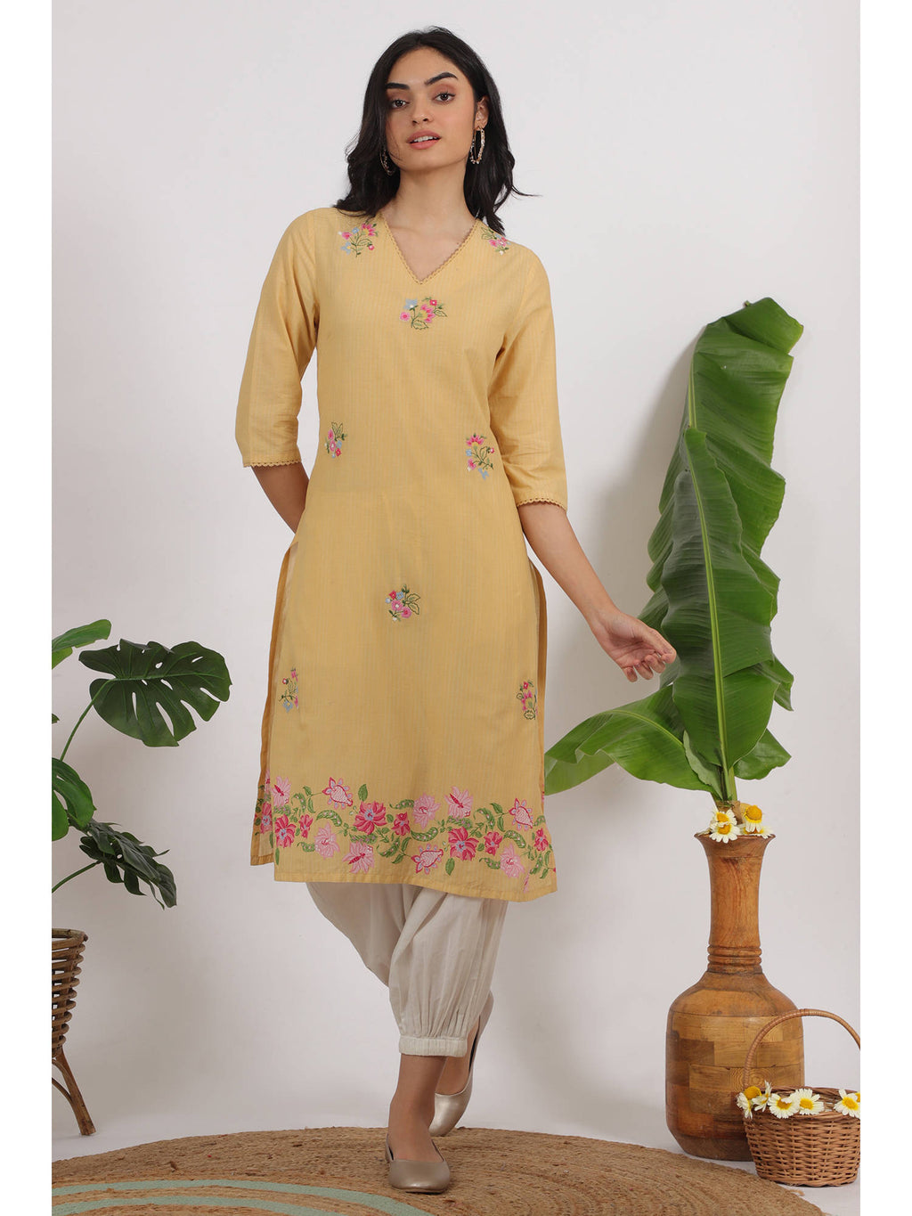 Yellow Floral Embroidered Lace Straight Kurta | U3S - view 2