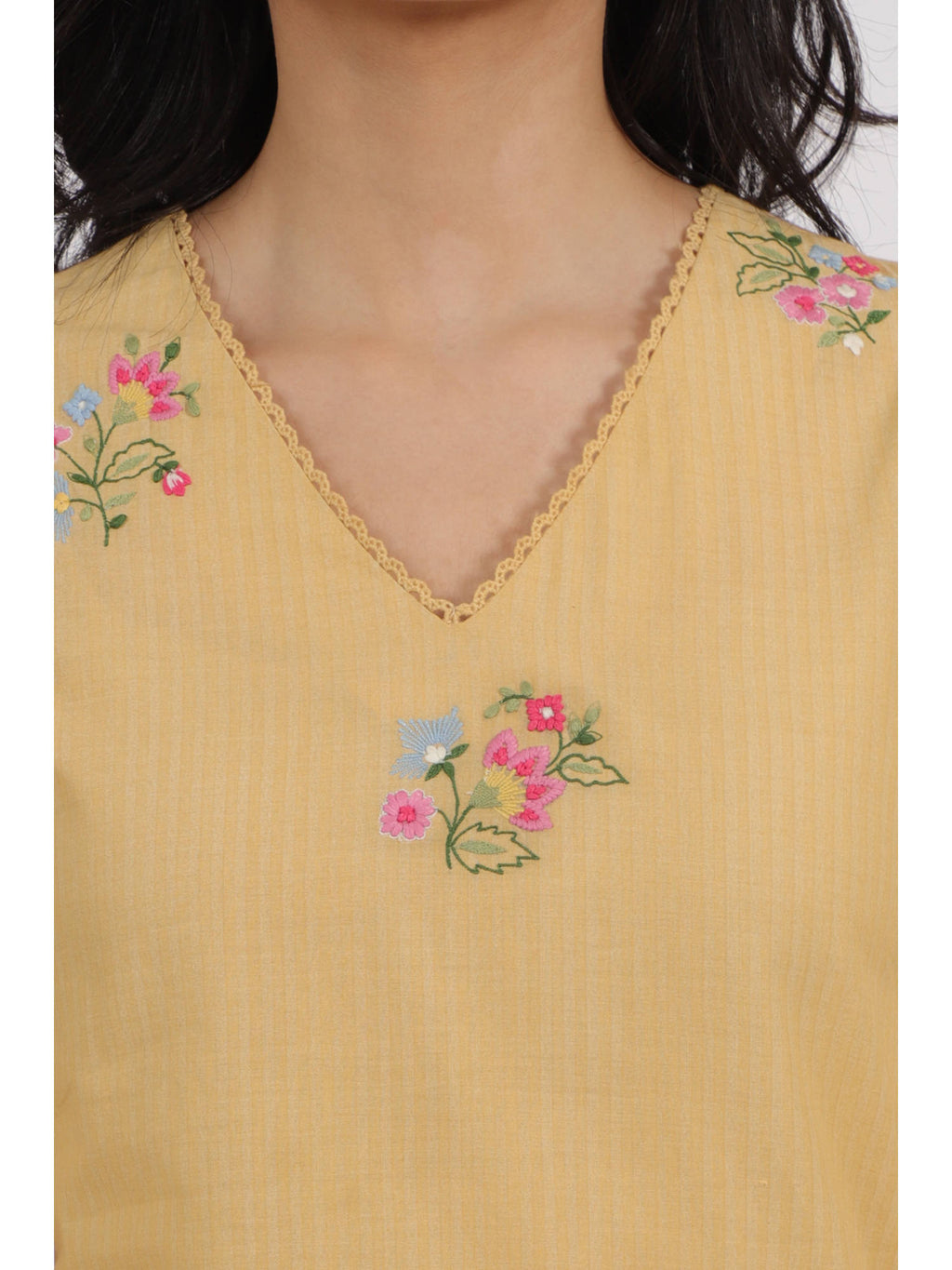 Yellow Floral Embroidered Lace Straight Kurta | U3S - view 3