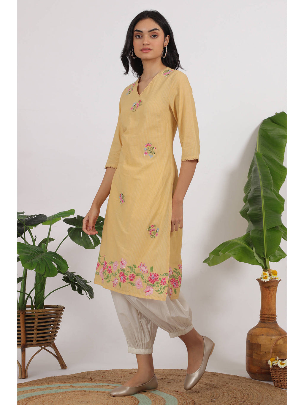 Yellow Floral Embroidered Lace Straight Kurta | U3S - view 4