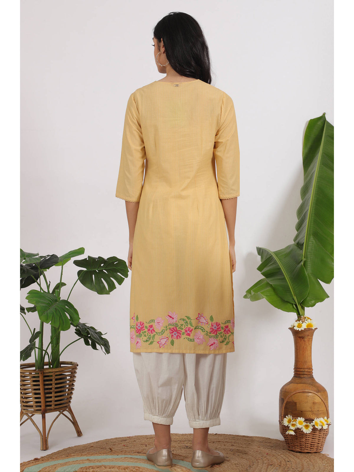 Yellow Floral Embroidered Lace Straight Kurta | U3S - view 5