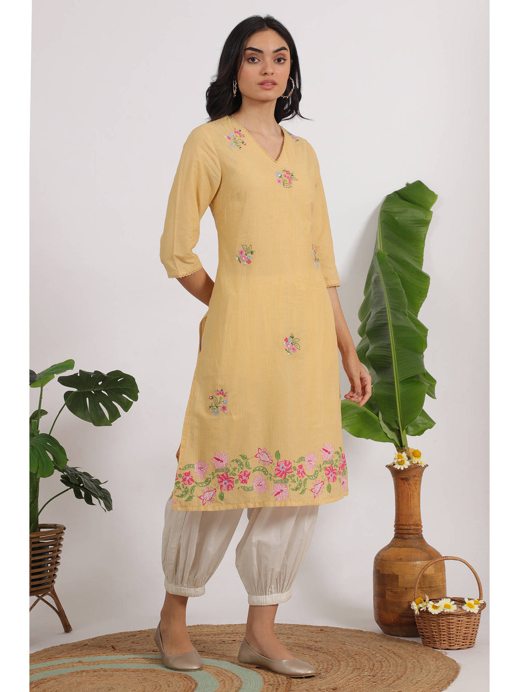 Yellow Floral Embroidered Lace Straight Kurta | U3S - view 6