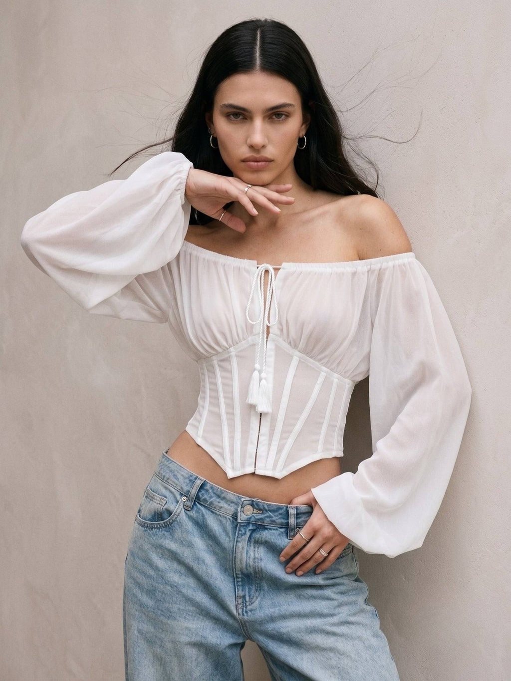 White Polyester Solid Off Shoulder Full Sleeves Crop Top | CT61 - view 2