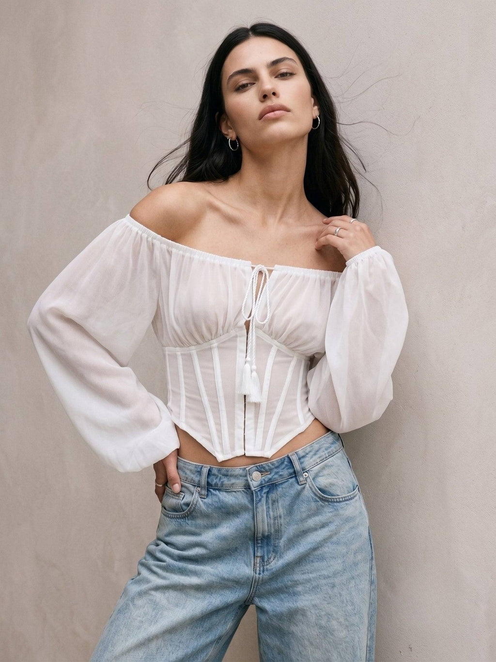 White Polyester Solid Off Shoulder Full Sleeves Crop Top | CT61 - view 3