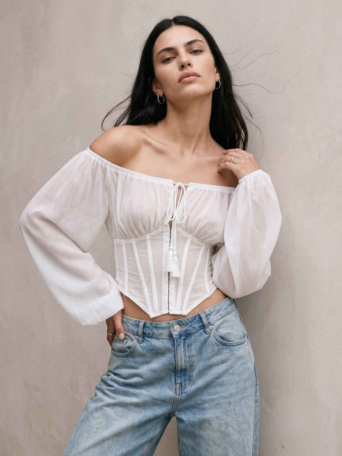 White Polyester Solid Off Shoulder Full Sleeves Crop Top | CT61 - view 3