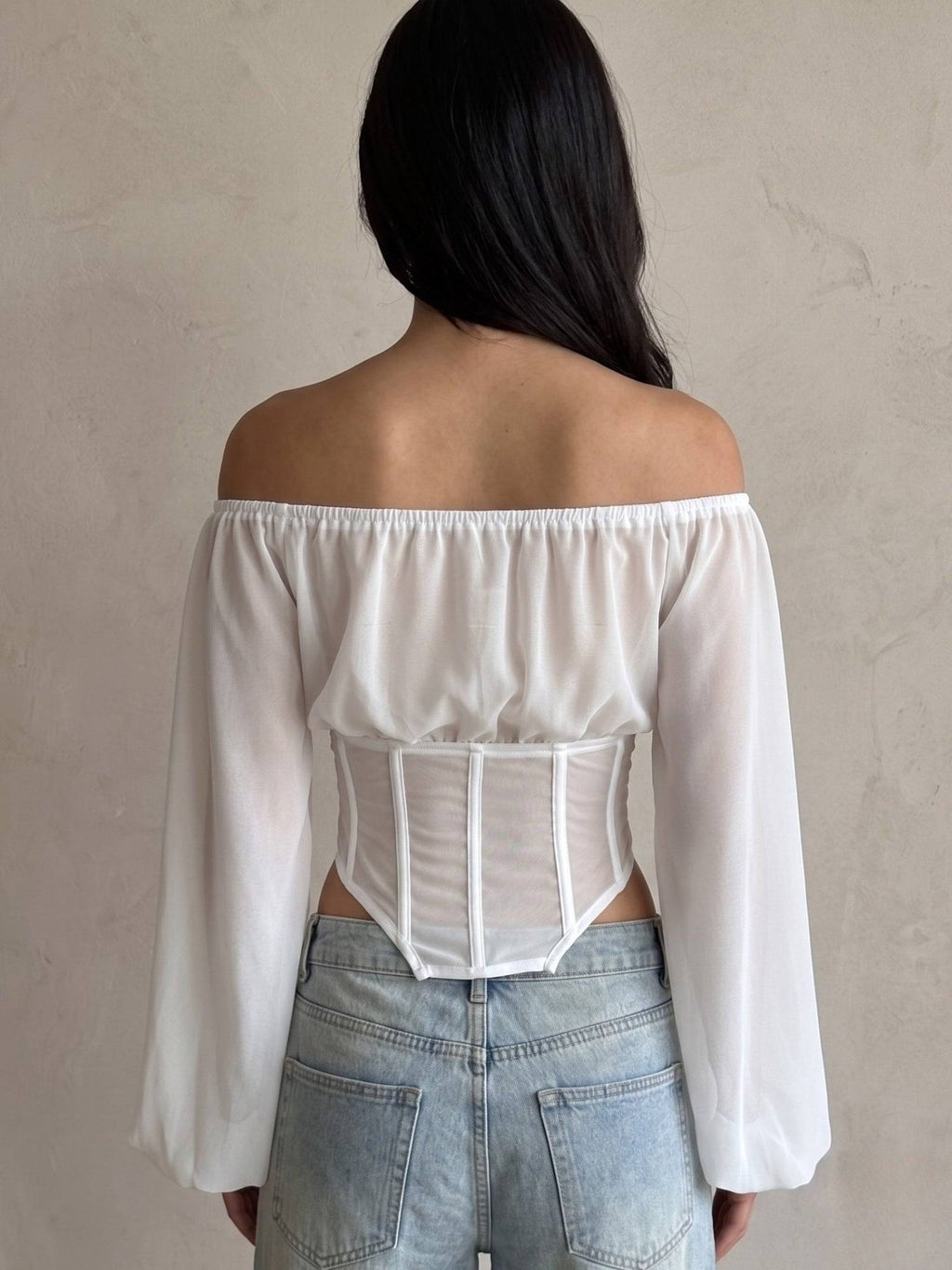 White Polyester Solid Off Shoulder Full Sleeves Crop Top | CT61 - view 5