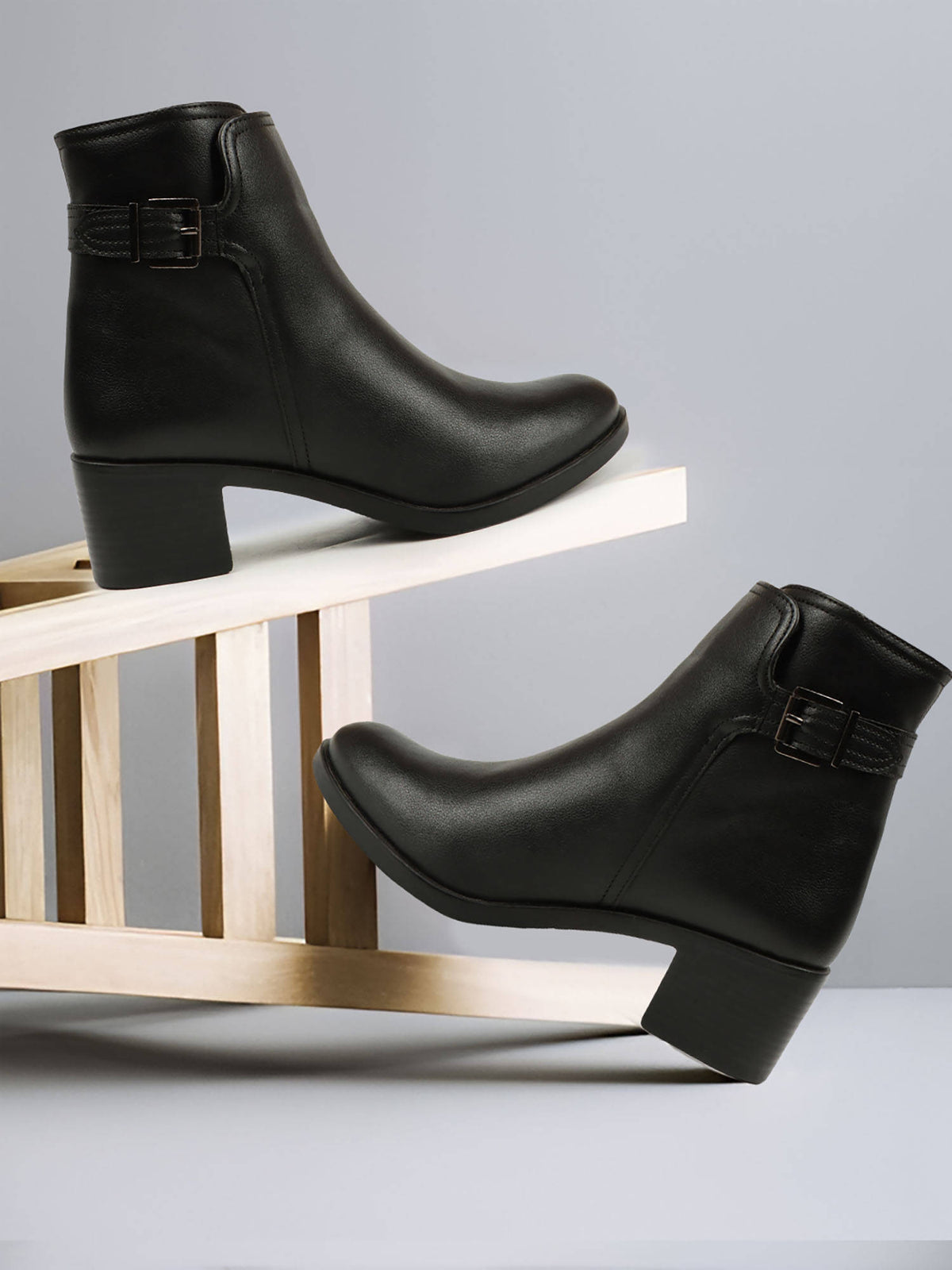 Black Solid Zip Party Wear Women's Buckle Boots | BT61 - view 3