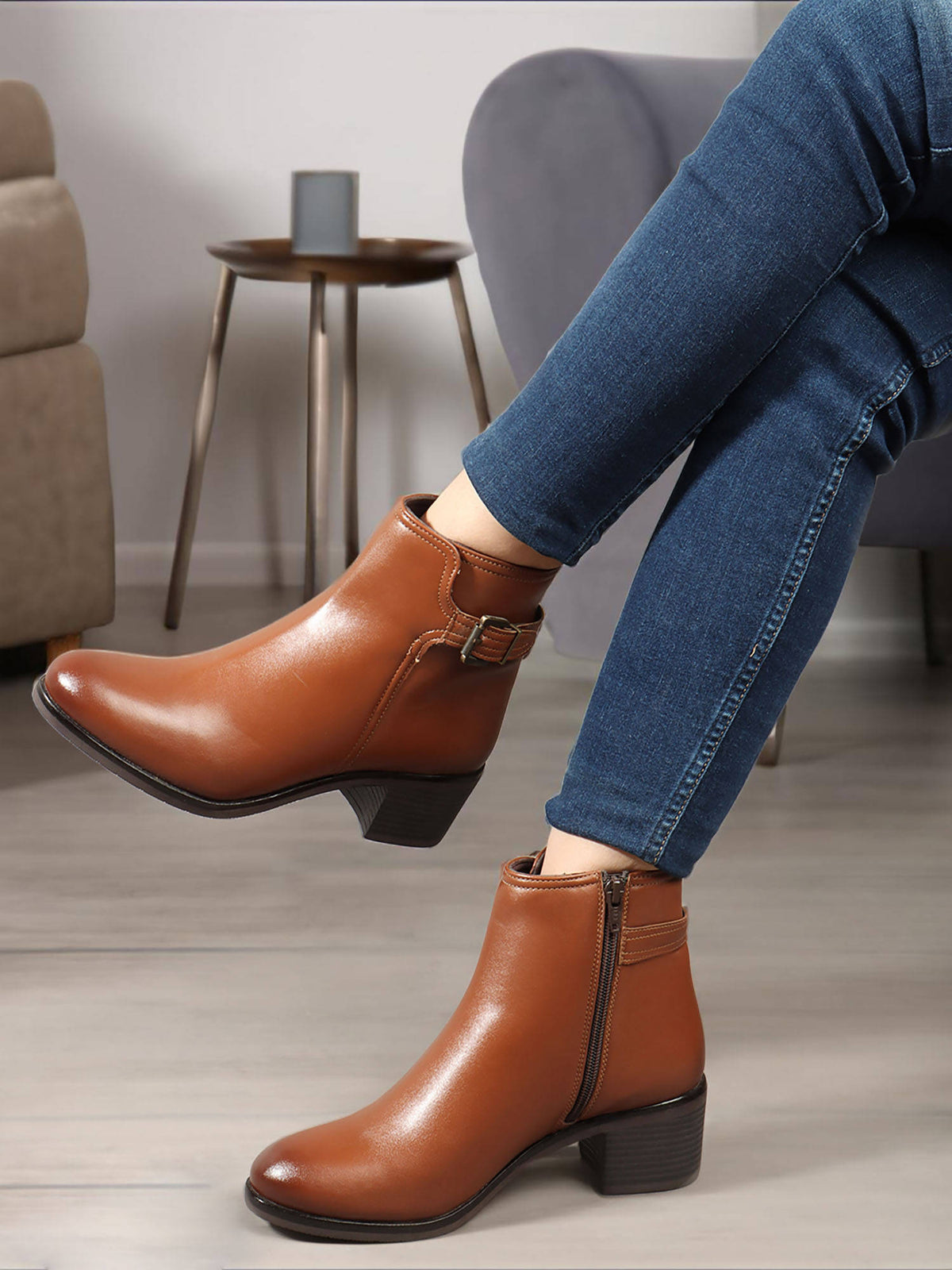 Black Solid Zip Party Wear Women's Buckle Boots | BT61 - view 9