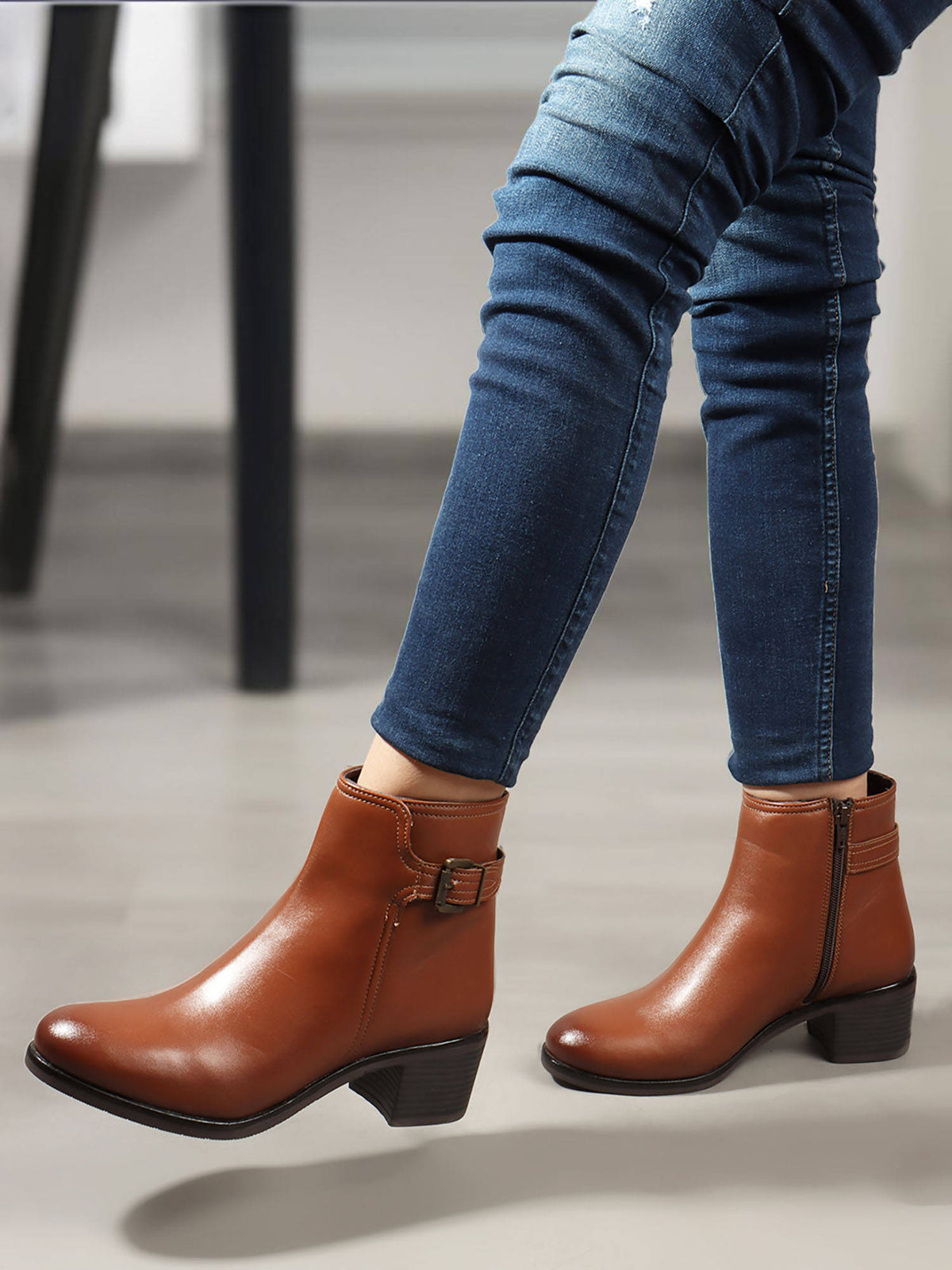 Tan Solid Zip Party Wear Women's Buckle Boots | BT61 - view 2