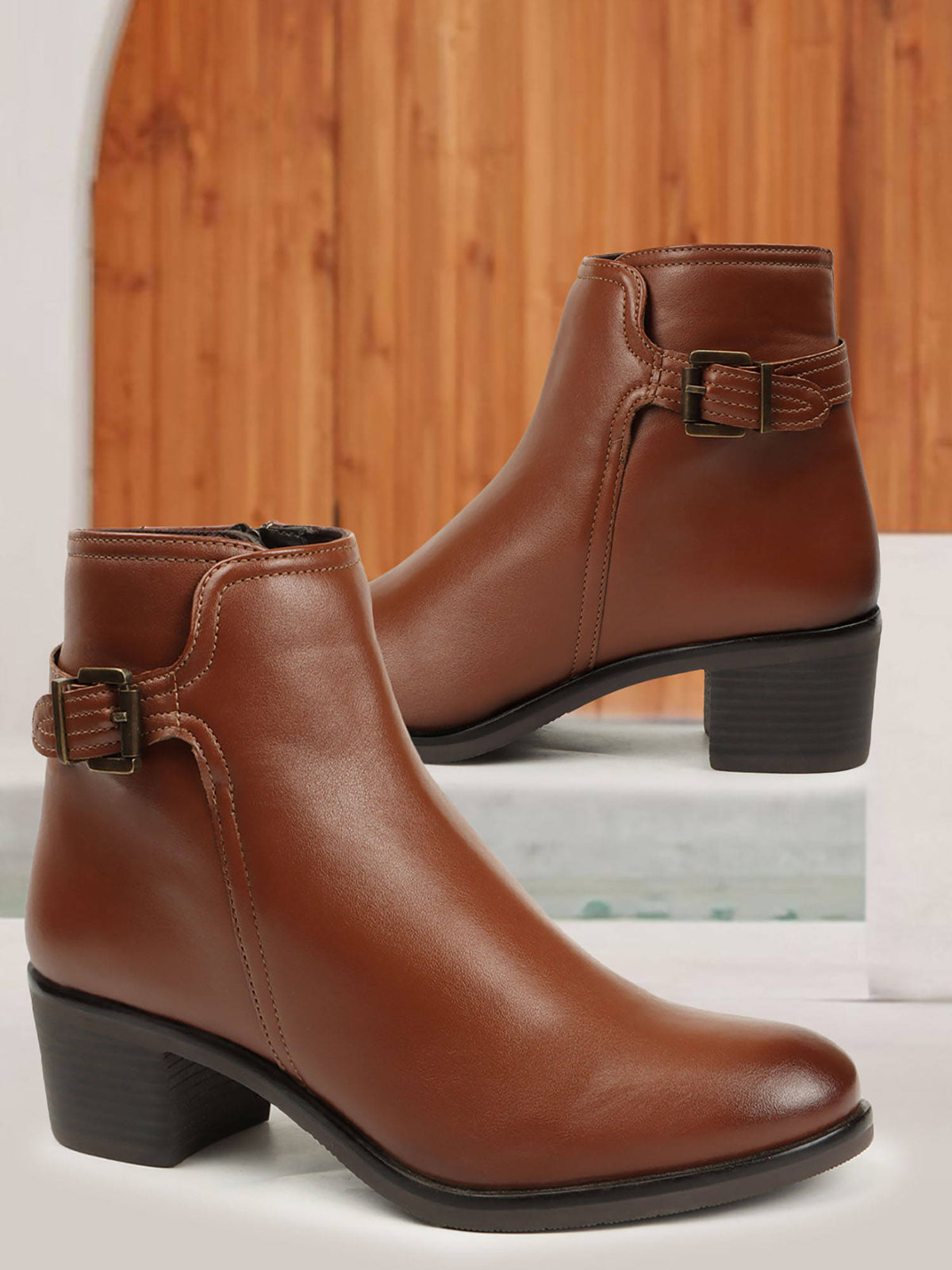 Tan Solid Zip Party Wear Women's Buckle Boots | BT61 - view 3