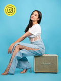 Rhinestone Embellished Jeans with Side Slit-Blue | ST23 - view 1