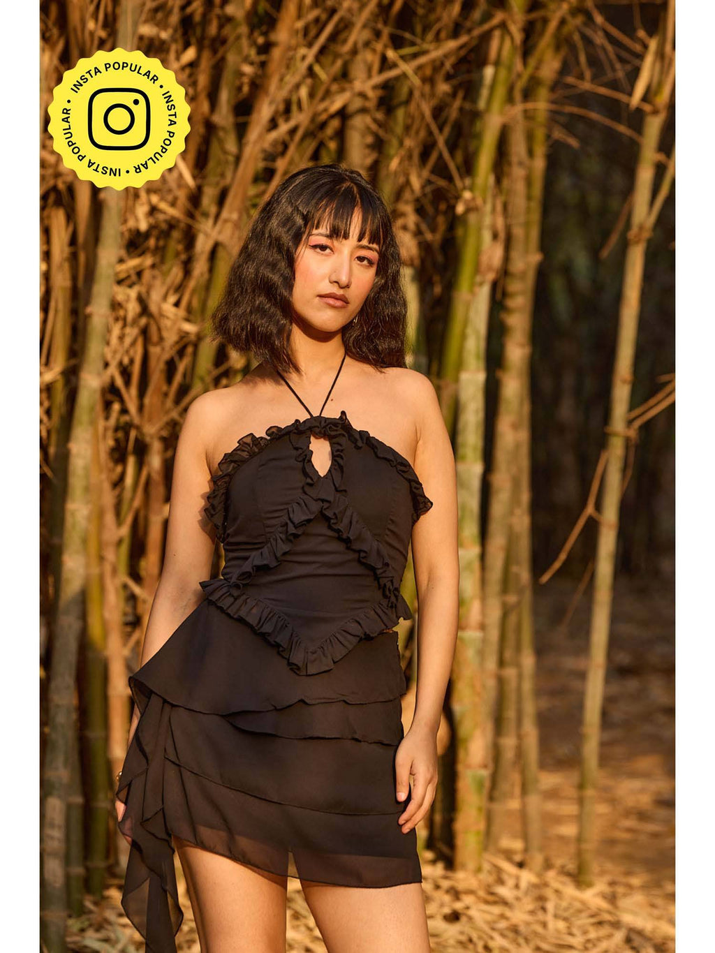Black Ruffled Halter Neck Top | HT67 - view 1