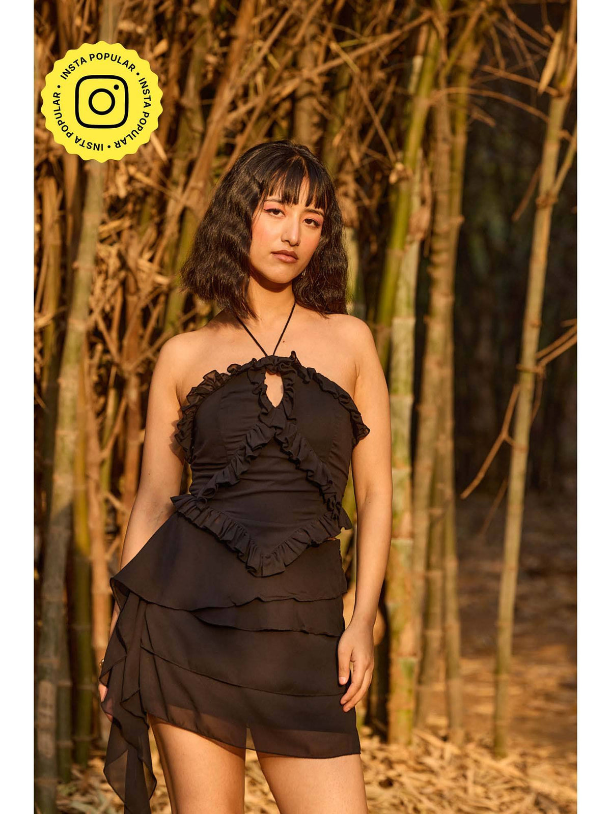 Black Ruffled Halter Neck Top | HT67 - view 1