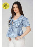 Blue Checked Front Tie-Up Peplum Top | pt51 - view 1