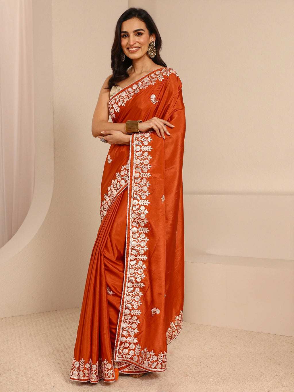 Libas Rust Embellished Silk Blend Saree With Unstitched Blouse Piece