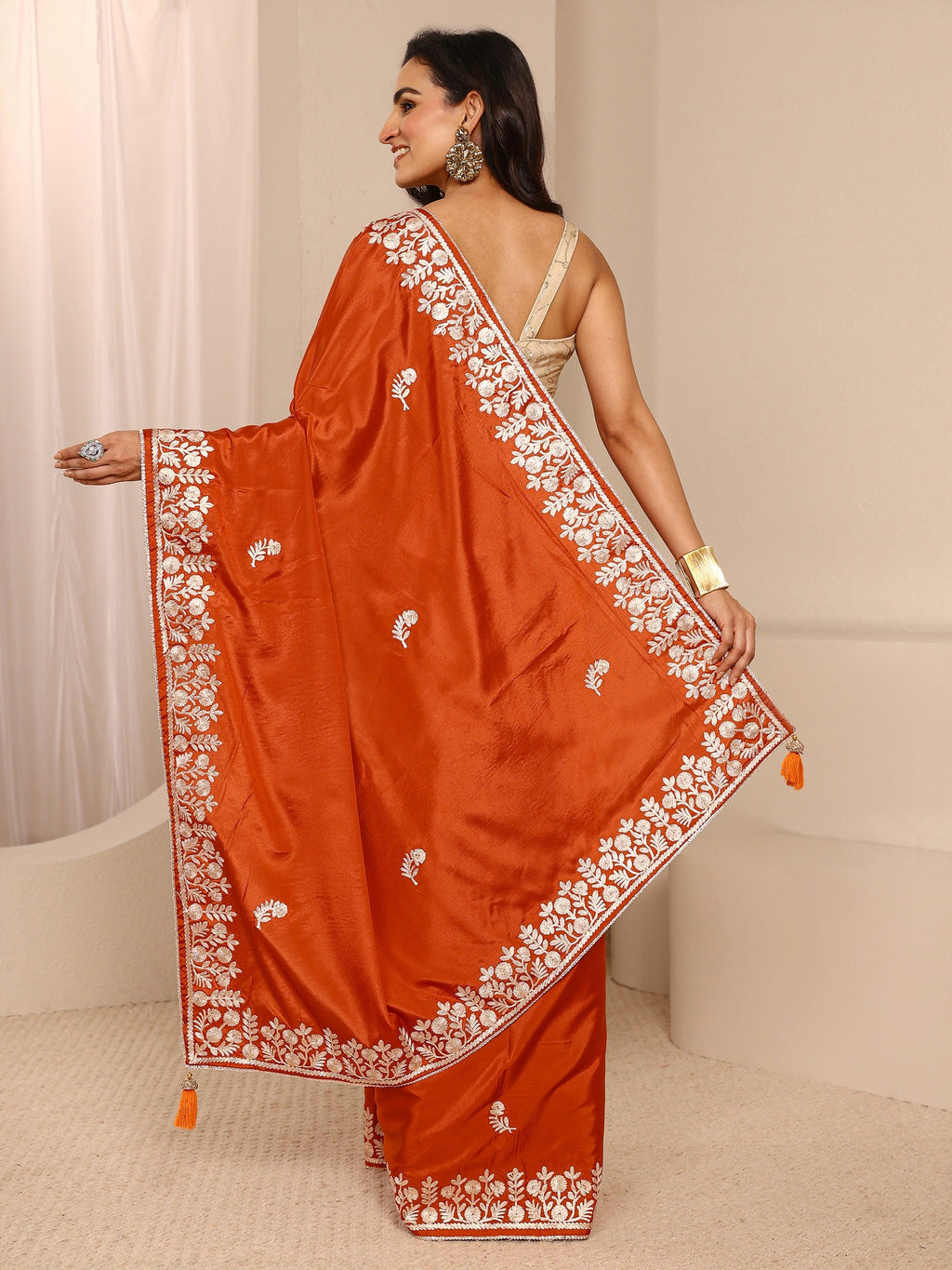 Libas Rust Embellished Silk Blend Saree With Unstitched Blouse Piece