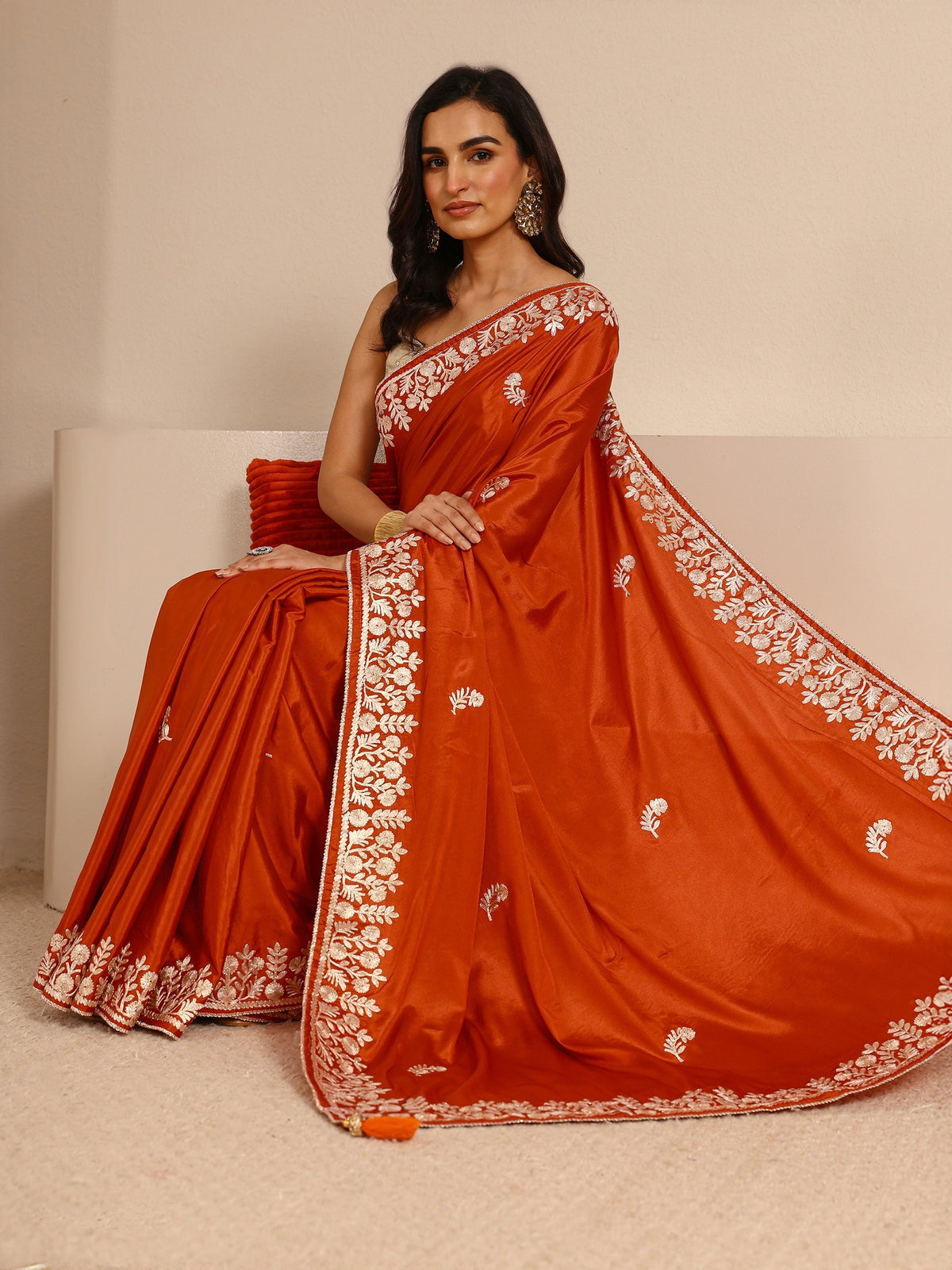 Libas Rust Embellished Silk Blend Saree With Unstitched Blouse Piece