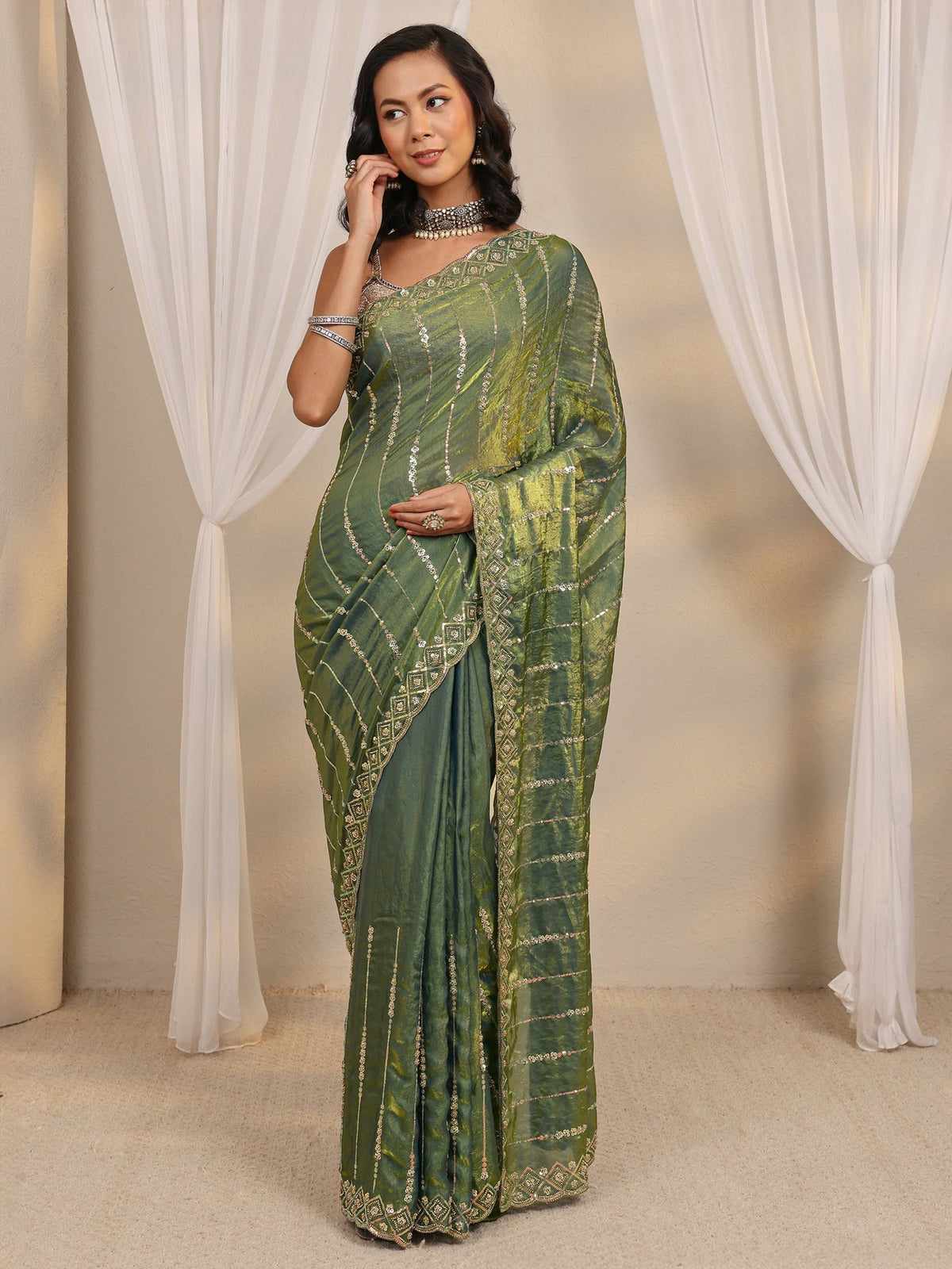 Libas Green Embellished Tissue Saree With Unstitched Blouse Piece S45