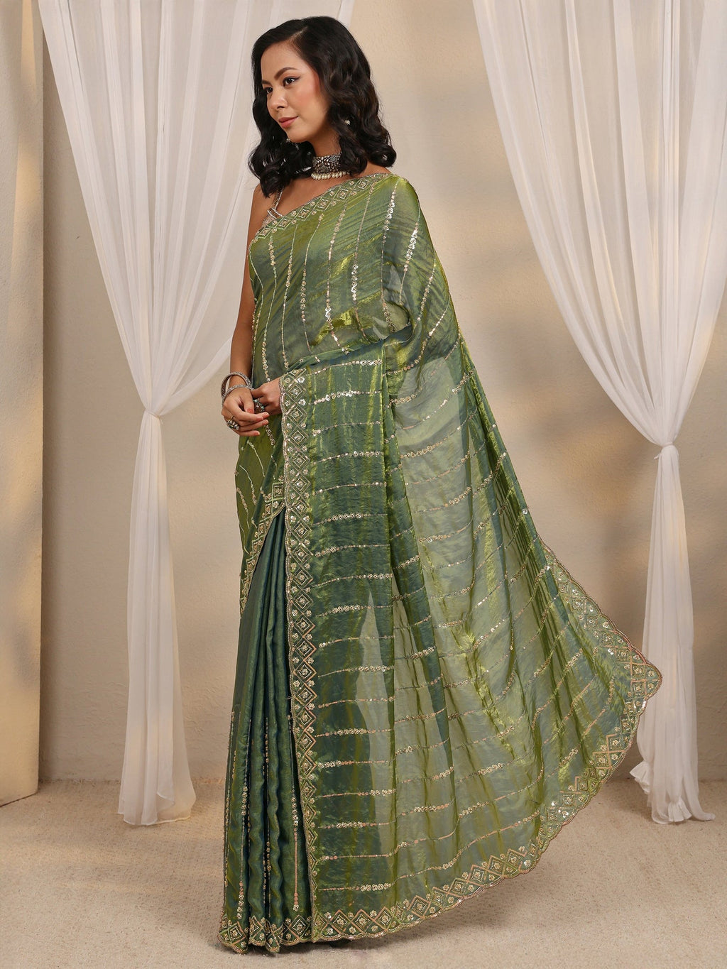 Libas Green Embellished Tissue Saree With Unstitched Blouse Piece S45