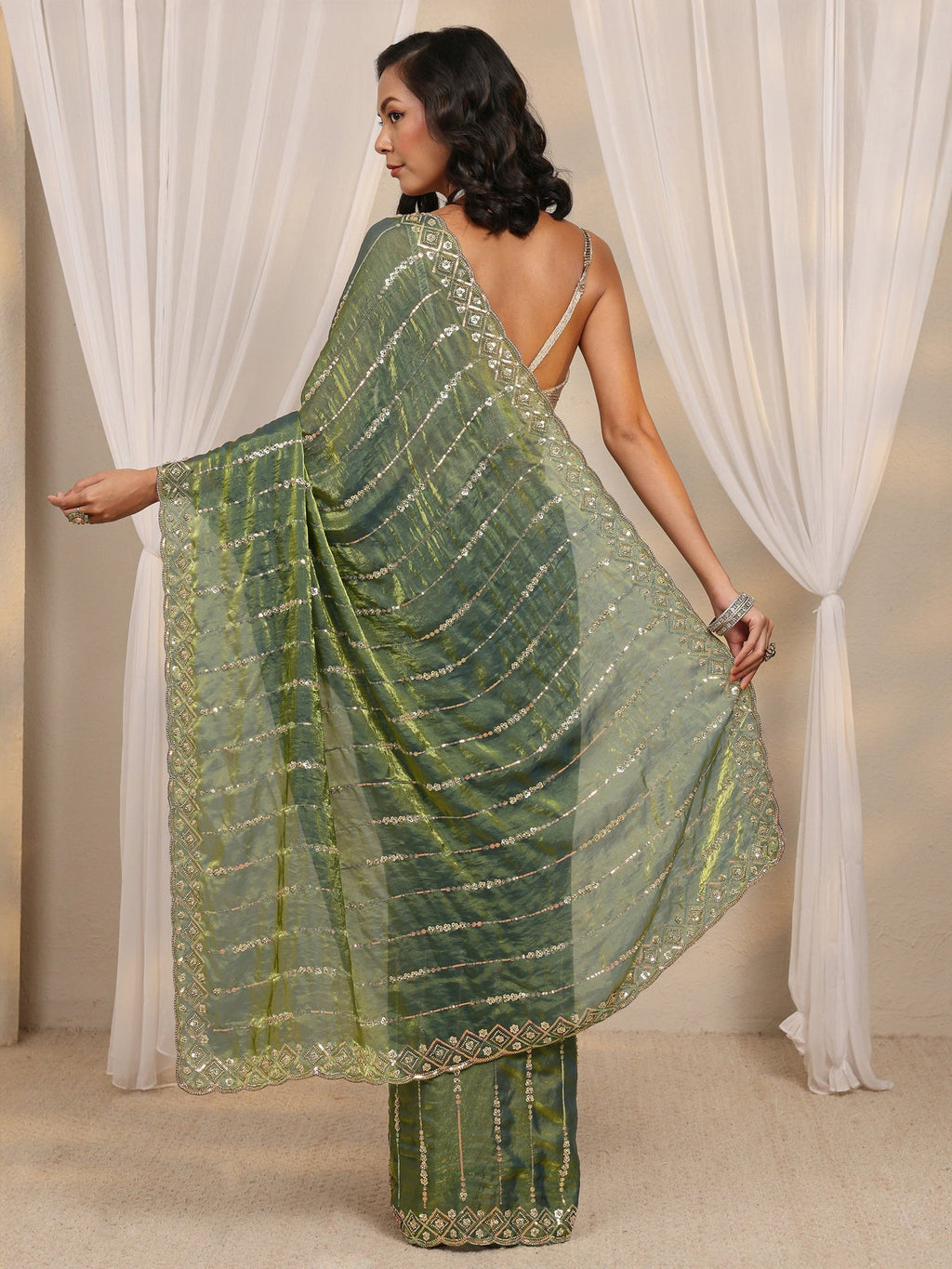 Libas Green Embellished Tissue Saree With Unstitched Blouse Piece S45