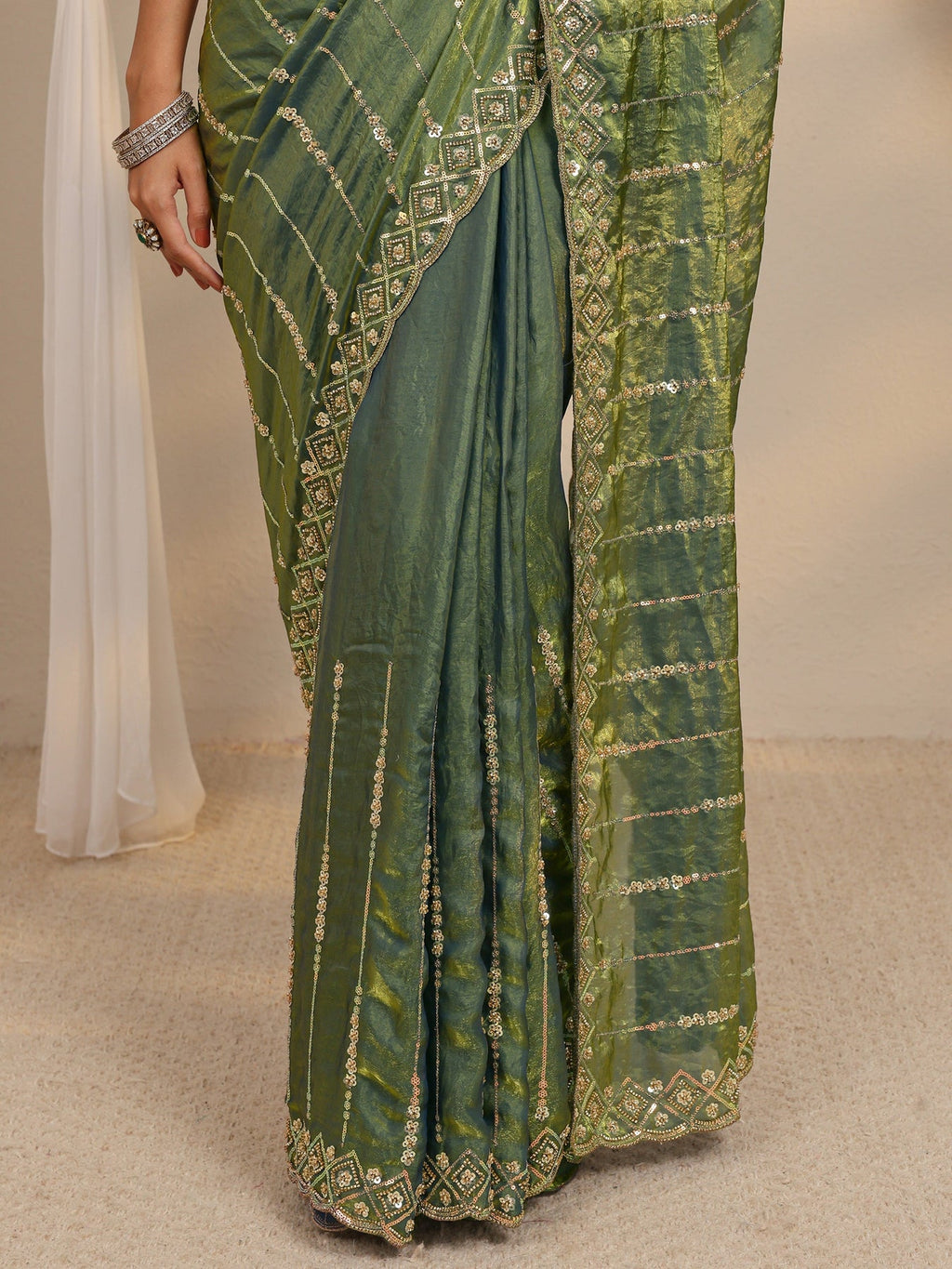 Libas Green Embellished Tissue Saree With Unstitched Blouse Piece S45
