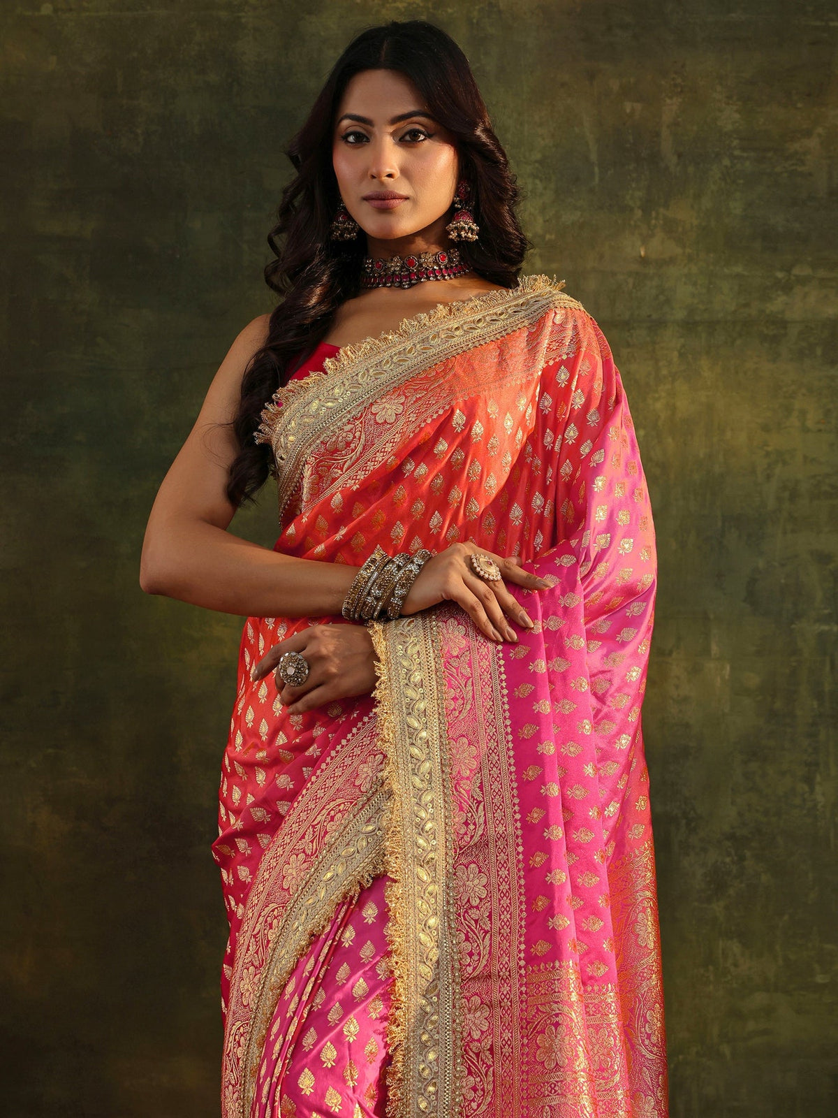 Libas Art Pink Banarasi Silk Blend Saree With Unstitched Blouse Piece S45