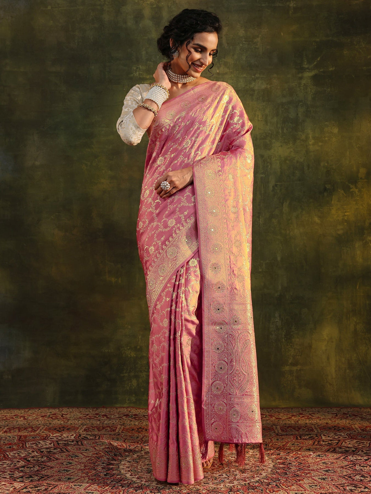 Libas Peach Woven Design Satin Banarasi Saree With Unstitched Blouse Piece S45