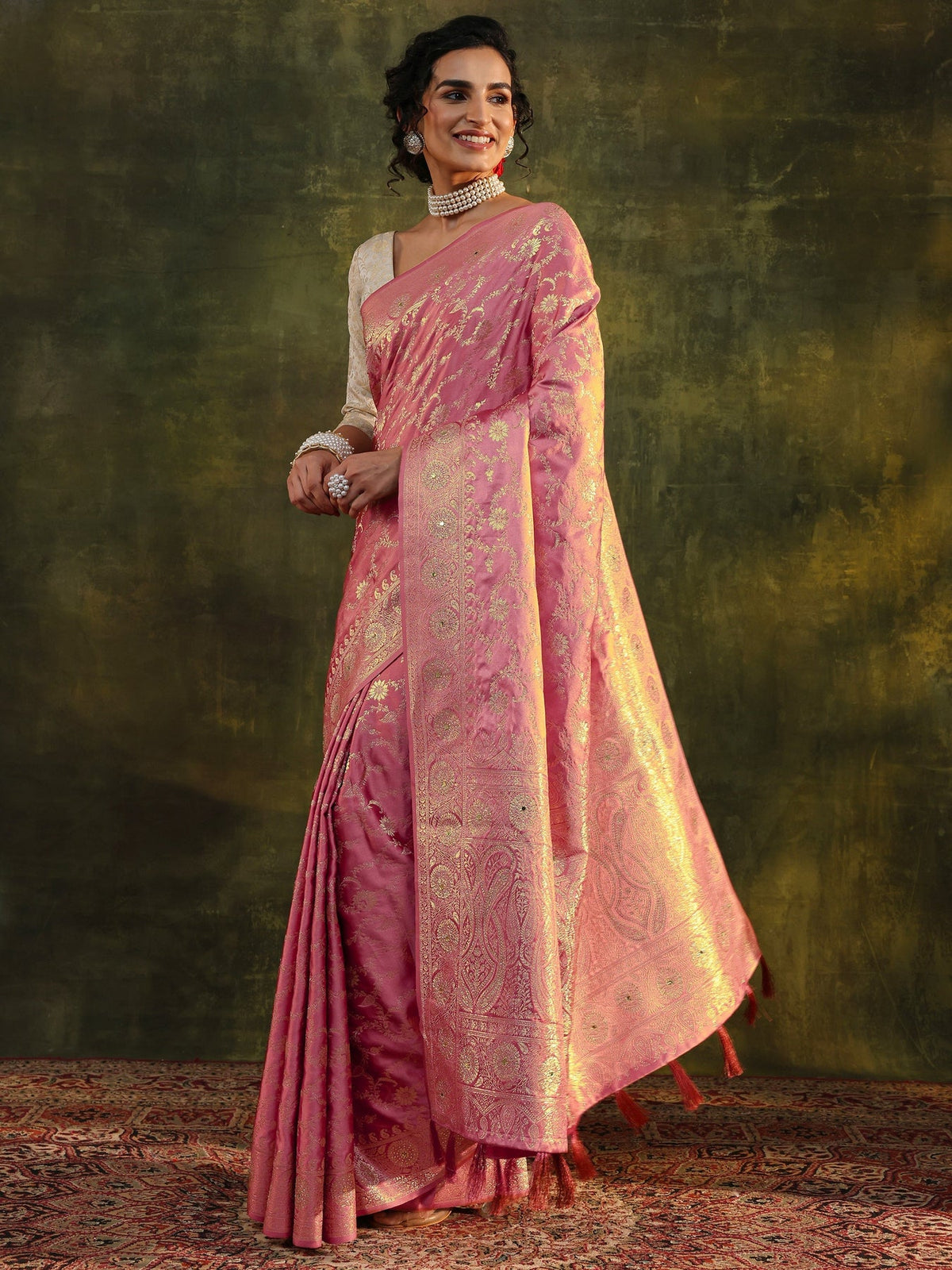 Libas Peach Woven Design Satin Banarasi Saree With Unstitched Blouse Piece S45