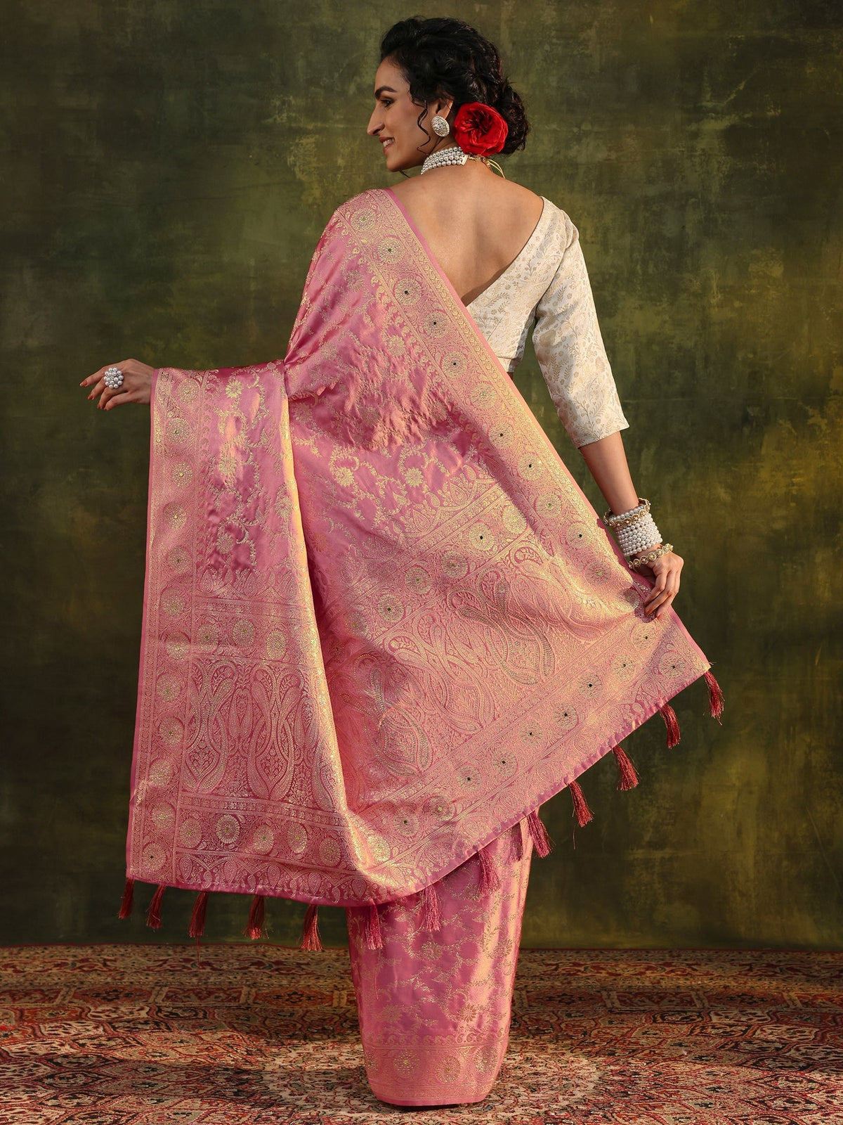 Libas Peach Woven Design Satin Banarasi Saree With Unstitched Blouse Piece S45