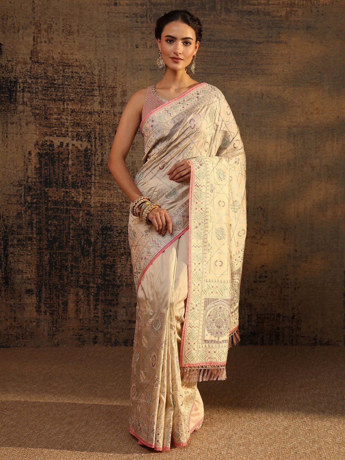 Libas Cream Ethnic Motifs Embroidered Silk Blend Saree With Unstitched Blouse Piece S45