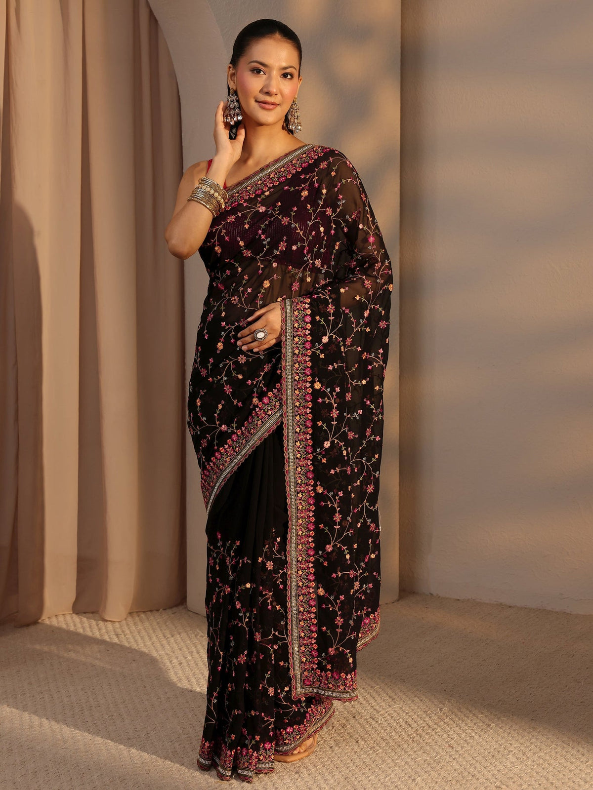 Libas Black Floral Embroidered Net Saree With Unstitched Blouse Piece S45