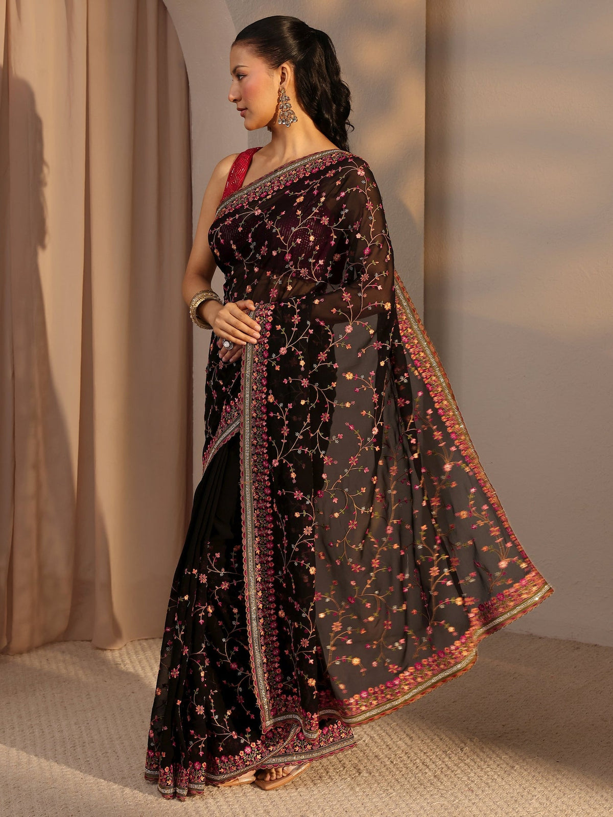 Libas Black Floral Embroidered Net Saree With Unstitched Blouse Piece S45
