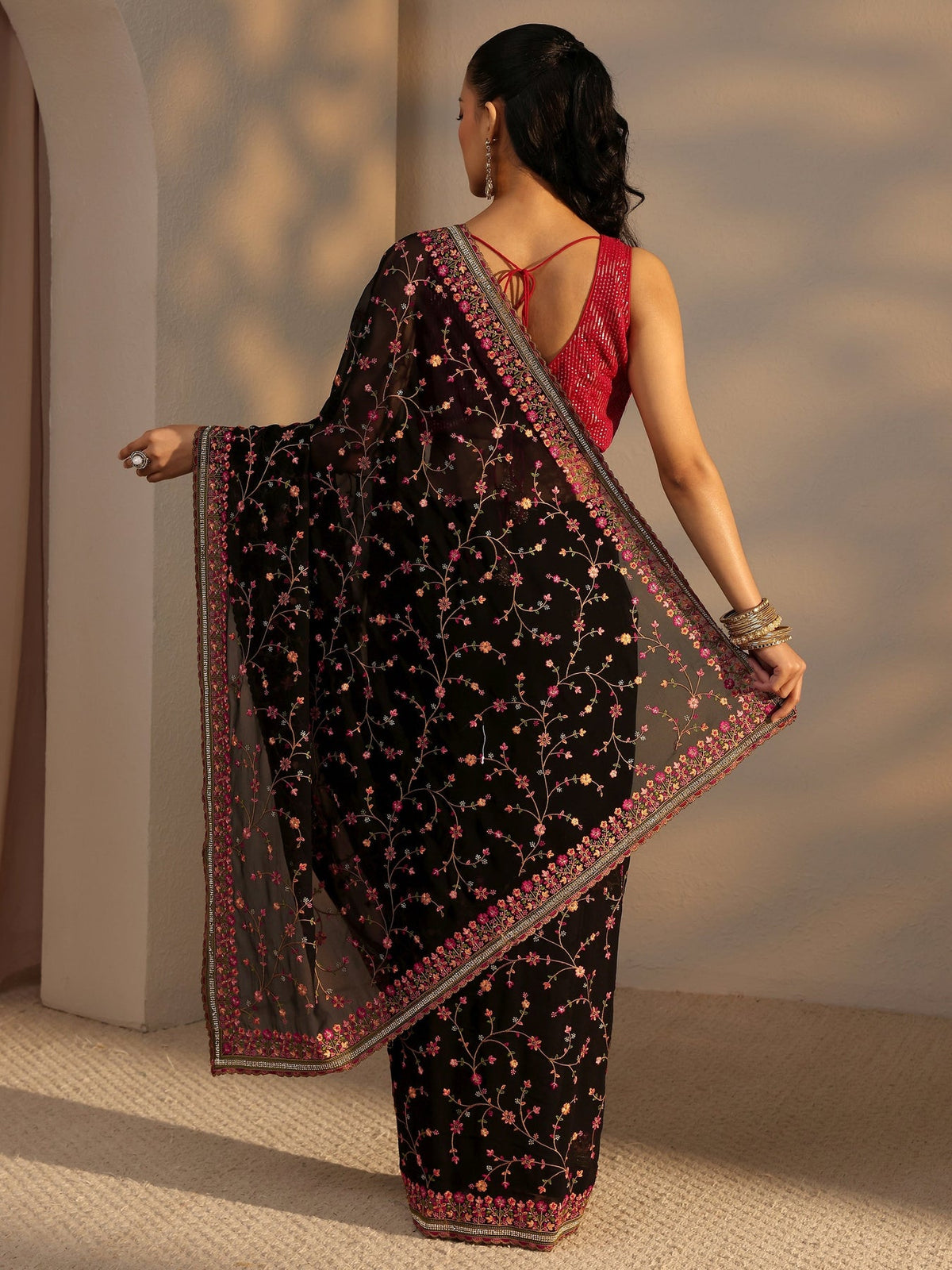Libas Black Floral Embroidered Net Saree With Unstitched Blouse Piece S45