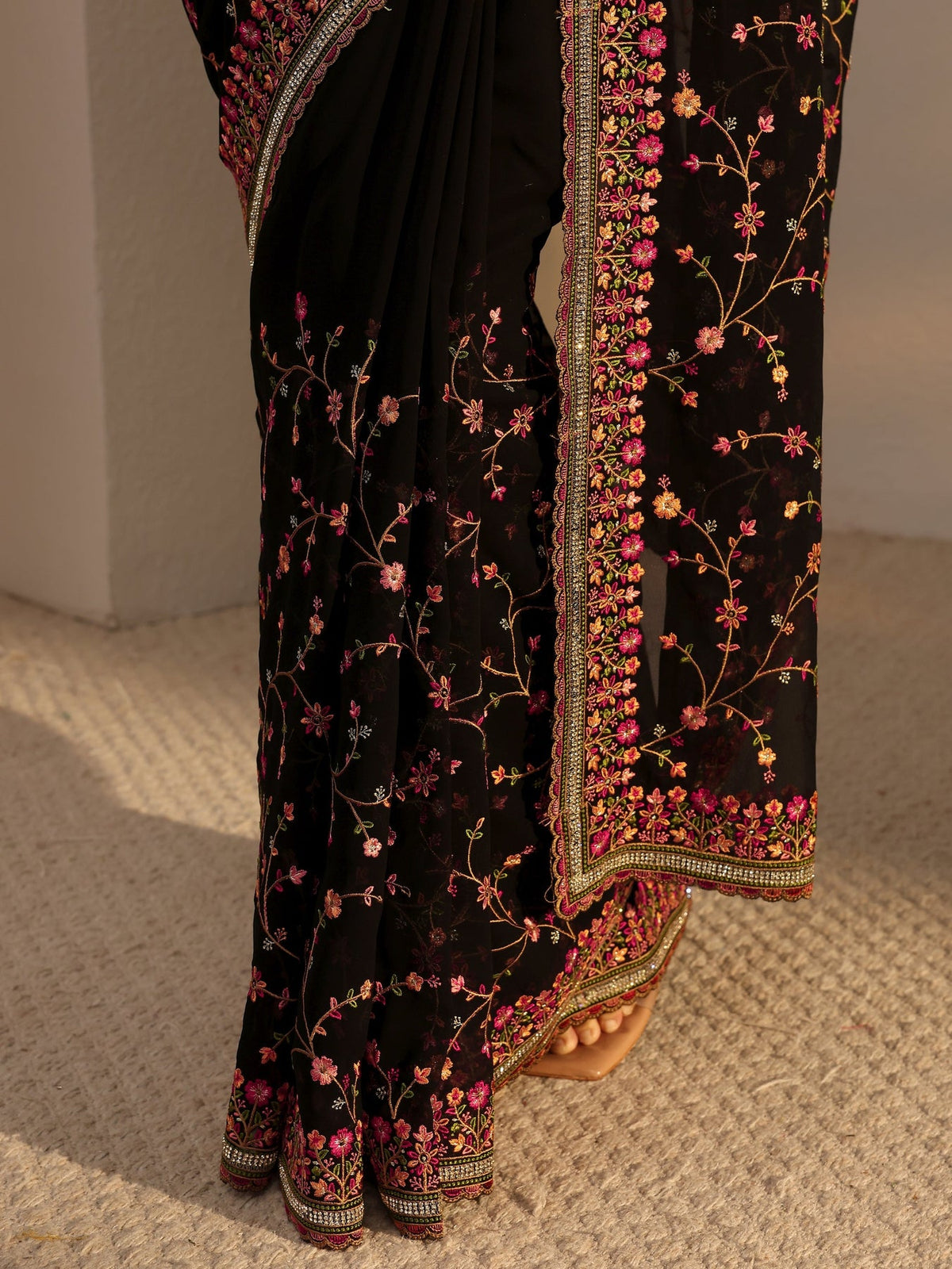 Libas Black Floral Embroidered Net Saree With Unstitched Blouse Piece S45