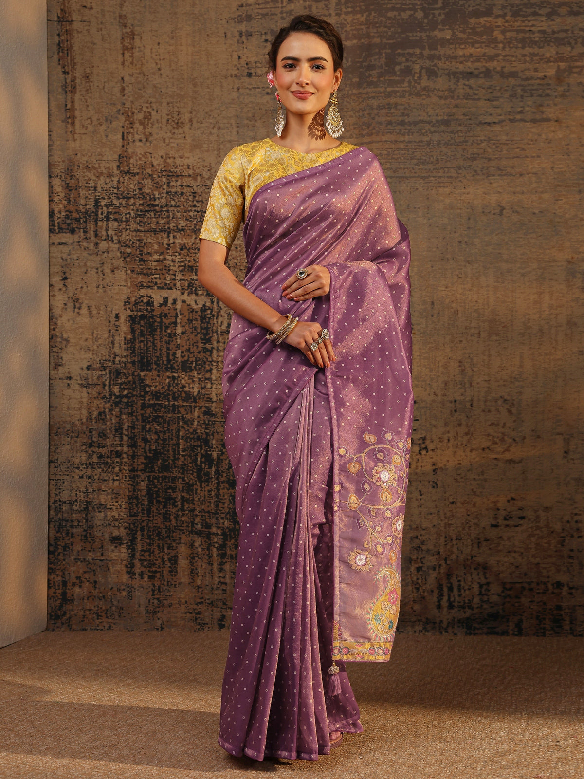 Libas Purple Floral Embroidered Tissue Saree With Unstitched Blouse Piece