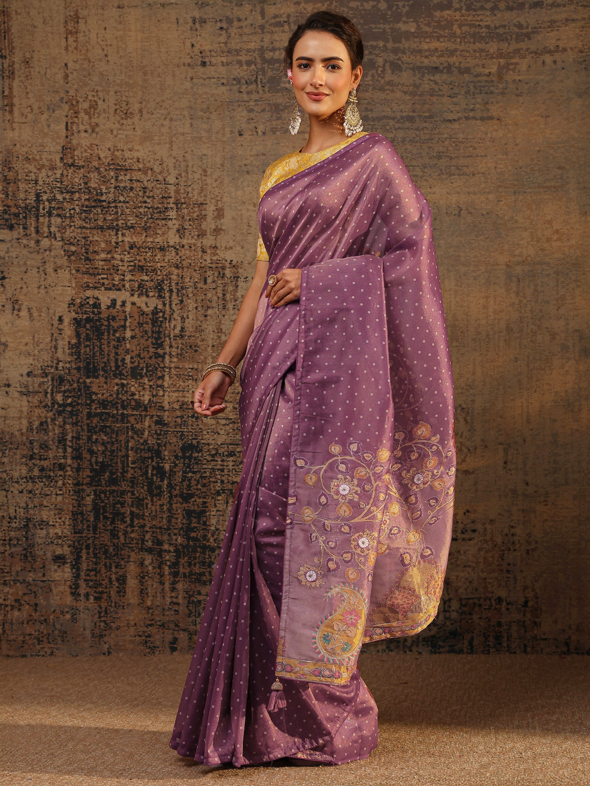 Libas Purple Floral Embroidered Tissue Saree With Unstitched Blouse Piece