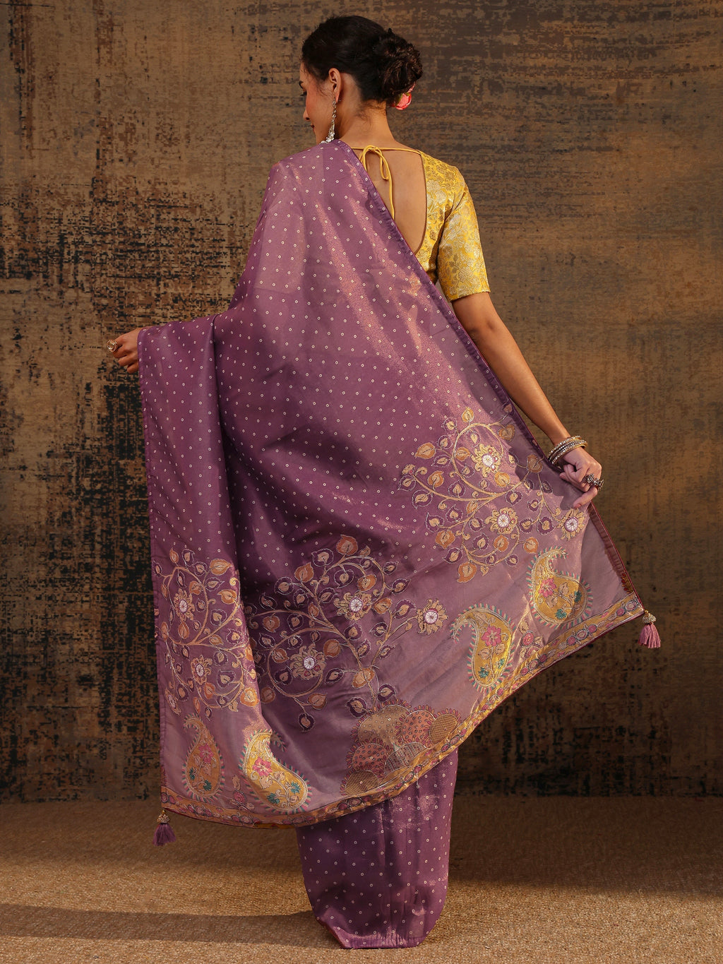 Libas Purple Floral Embroidered Tissue Saree With Unstitched Blouse Piece