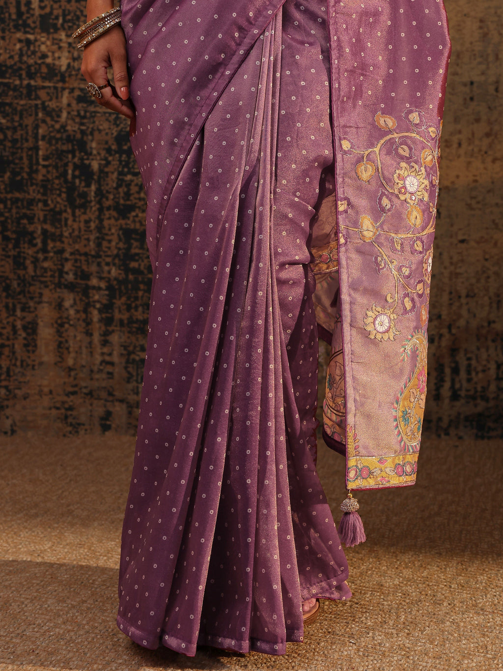 Libas Purple Floral Embroidered Tissue Saree With Unstitched Blouse Piece
