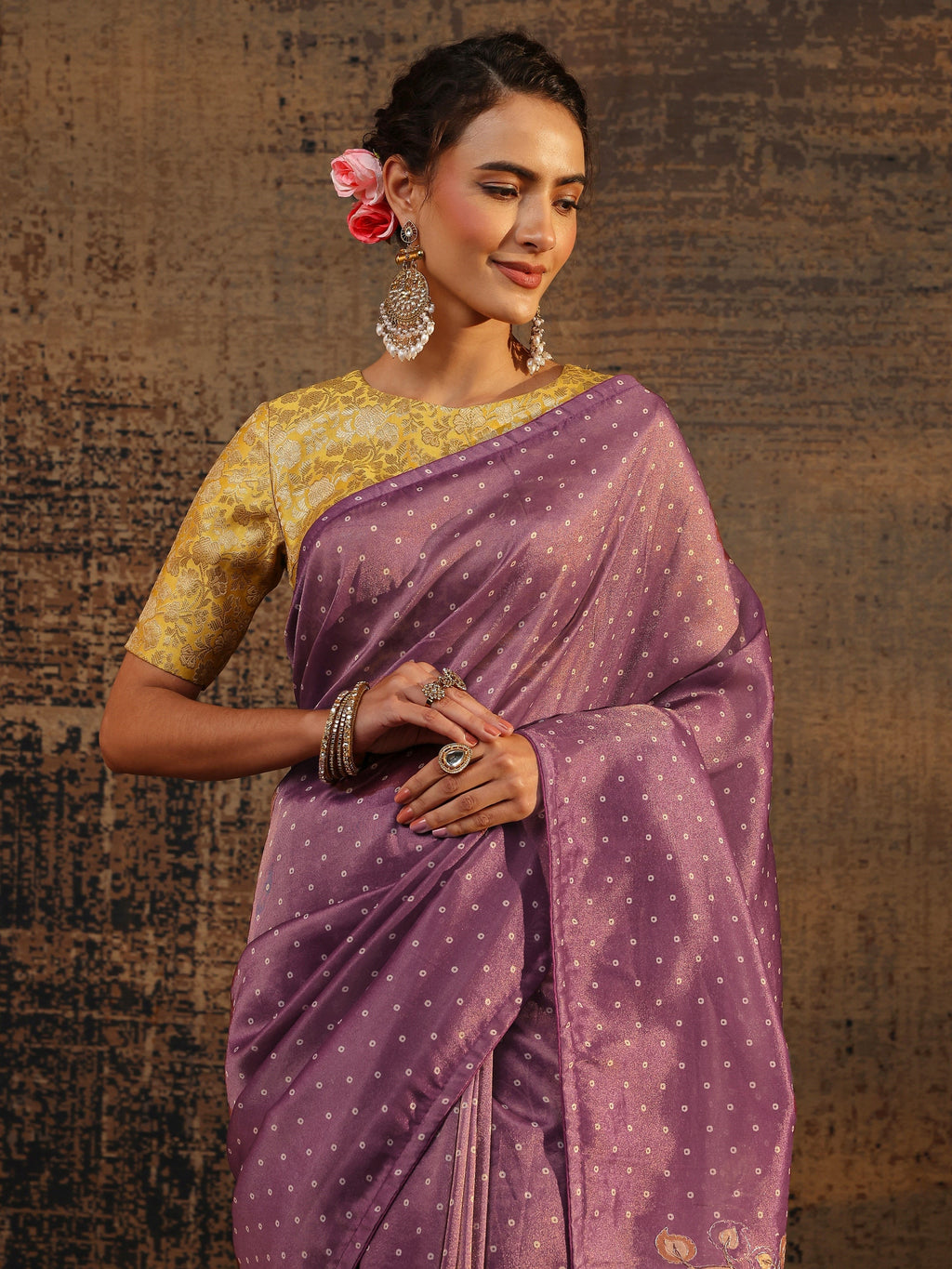 Libas Purple Floral Embroidered Tissue Saree With Unstitched Blouse Piece