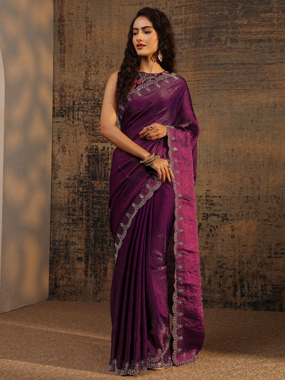 Libas Burgundy Solid Satin Saree With Unstitched Blouse Piece